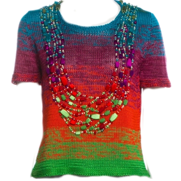 *$2,200 OSCAR DE LA RENTA SILK BEAD   KNIT ART RUNWAY TOP BLOUSE S - Picture 2 of 10